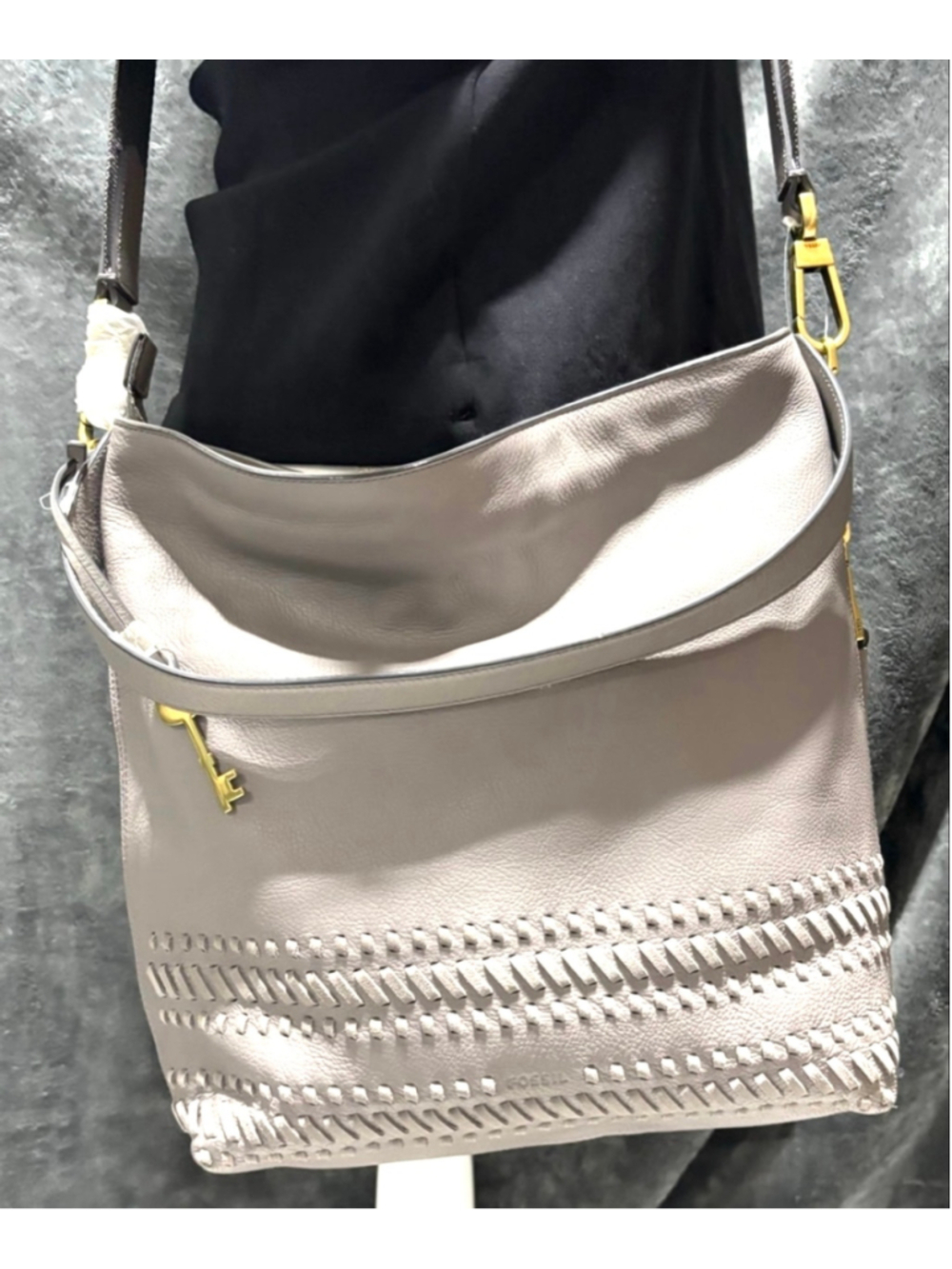 NWOT FOSSIL "Maya" Hobo Gray/Light Taupe Leather Handbag Purse ZB7191 w/key!
